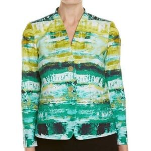 Lafayette 148 New York Teal, Green & Yellow Watercolor Stripe Blazer